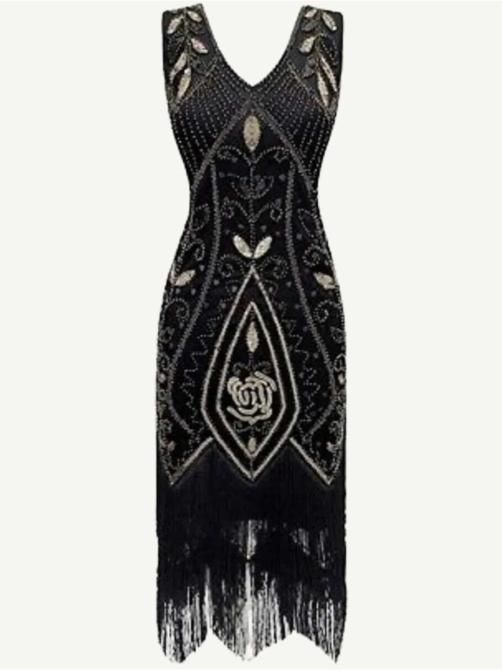 Great Gatsby Flapper Dress Black Beaded Fringe Art Deco Cocktail XS